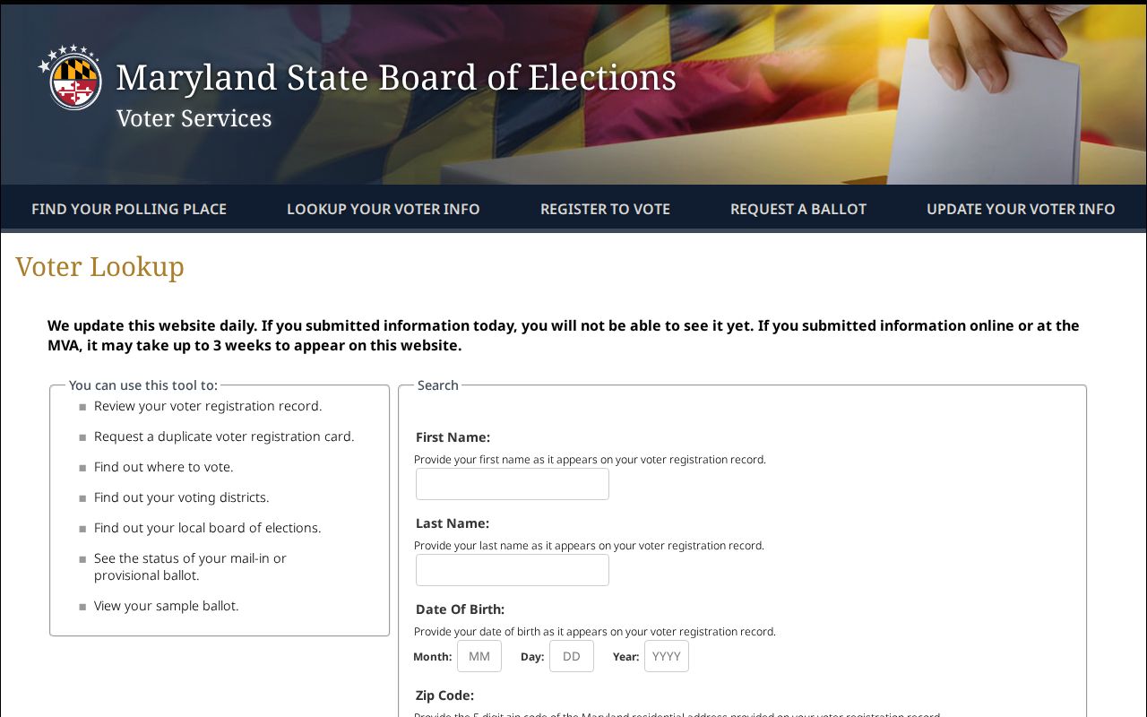 Ilchester people search identity fields in Maryland voter lookup