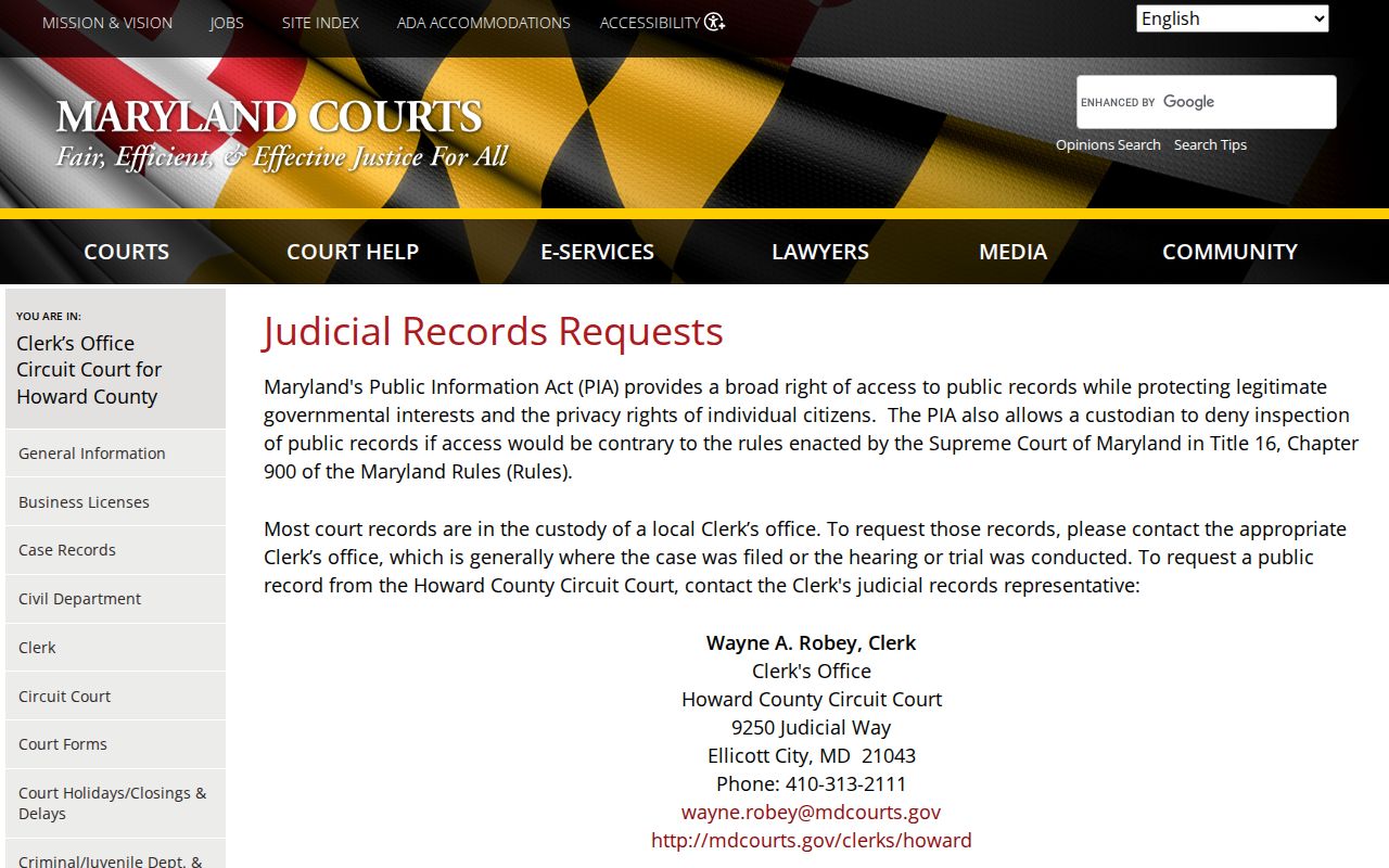 Ilchester public records request rules from the Howard Circuit Court clerk